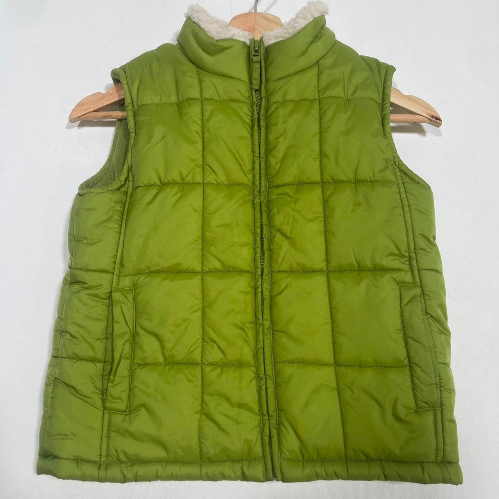 Gymboree Puffer Vest Girls S 5-6 Green Quilted Faux Fur Fleece Lined Full Zip